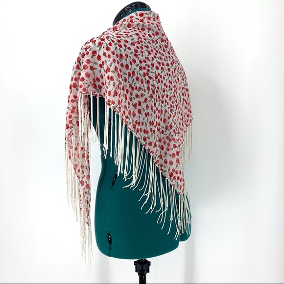 Square Fringed Scarf with All Over Cherry Pattern - Picture 3 of 12